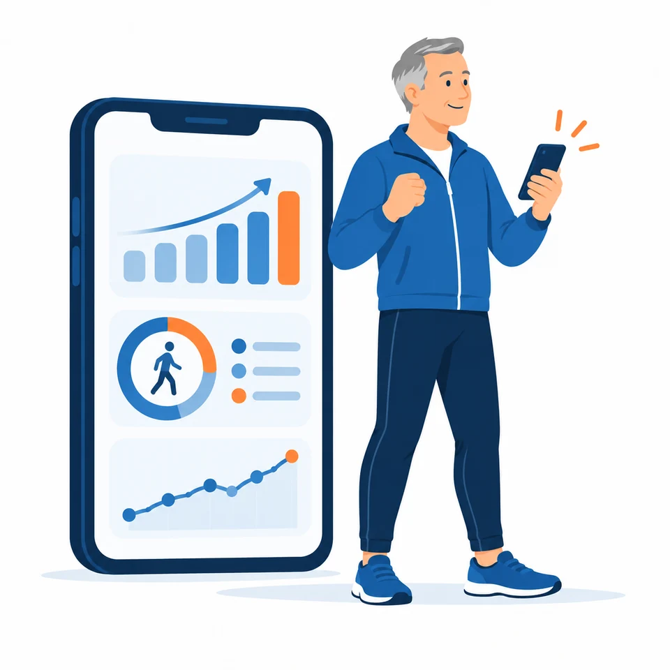 Uomo che consulta i grafici dei propri allenamenti sullo smartphone